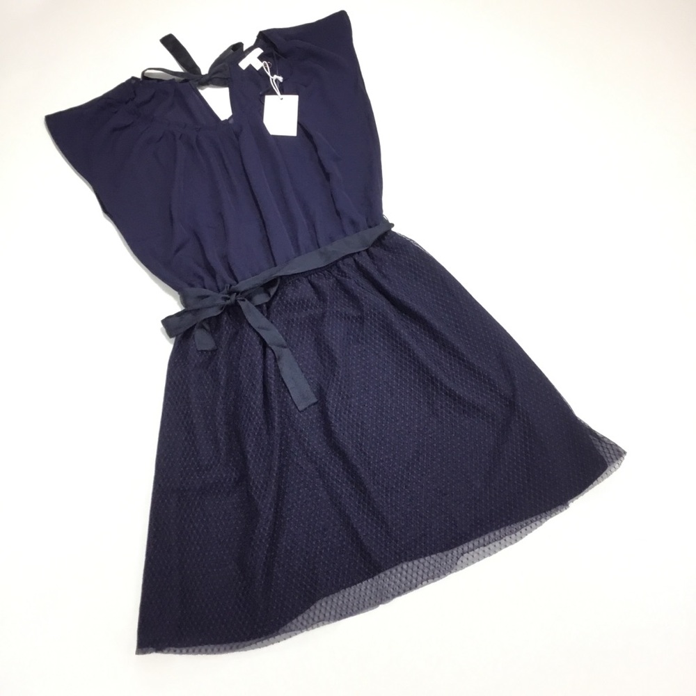 NWT Lauren Conrad Sheer Pleat Neck Dress Navy